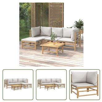 vidaXL Tuinset Bamboe - Lounge - 4 persoons - Lichtgrijs Bruin