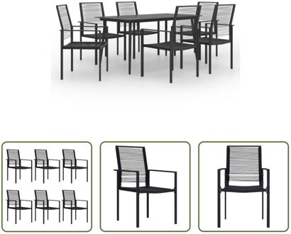 vidaXL Tuinset - Eettafel met 6 stoelen - Glas en gepoedercoat staal - Zwart - 150 x 80 x 74 cm (L x B x H)