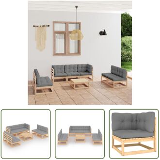 vidaXL Tuinset Grenenhout - 5x middenbank - 2x hoekbank - 1x tafel - grijs kussen - 70x70x67 cm - 70x70x30