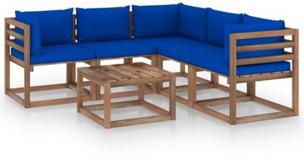 vidaXL Tuinset - Grenenhout - Blauwe kussens - 60x60x36.5 cm - Inclusief tafel - 2 middenbanken - 3