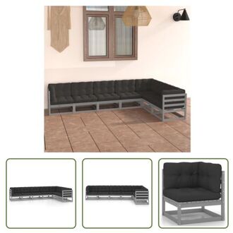 vidaXL Tuinset - Grenenhout - Hoekbank + Middenbank - Grijs - 70x70x67cm - Inclusief Kussens