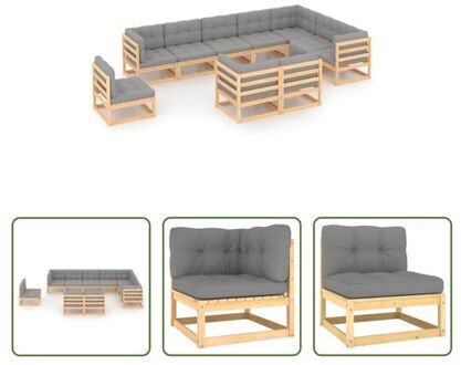 vidaXL Tuinset Grenenhout - Hoekbanken en Middenbanken - Grijs Kussens - 70x70x67 cm