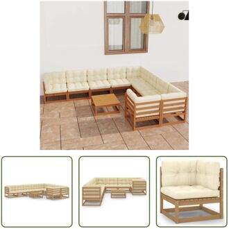 vidaXL Tuinset - Grenenhout - Hoekbanken - Middenbanken - Tafel - 70x70x67 cm - Honingbruin - Crème kussens