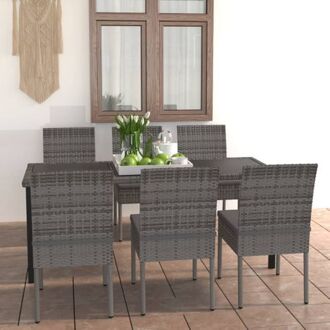 vidaXL Tuinset - Grijs/Zwart - Poly Rattan - 180 x 70 x 73 cm - Inclusief 6 stoelen en kussens