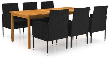 vidaXL Tuinset - Massief acaciahout - PE rattan - Zwart - 200 x 90 x 74 cm - Inclusief 6 stoelen - kussens