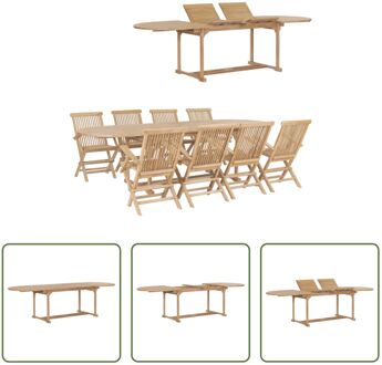 vidaXL Tuinset - Teakhout - Verlengbare tafel (180-280 cm) - Inclusief 8 klapstoelen Bruin