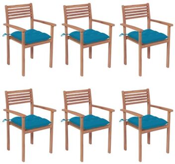 vidaXL Tuinstoelen set - Teakhout - Stapelbaar - Lichtblauwe kussens - 6 stoelen - kussens