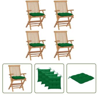 vidaXL Tuinstoelenset - Teakhout - 4 Stoelen - Groen Kussen