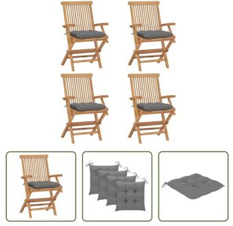 vidaXL tuinstoelenset - teakhouten meubel - 4 stoelen - 55x60x89 cm - inklapbaar - grijs kussen