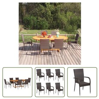 vidaXL Tuintafel en stoelenset - Massief acaciahout - Bruine PE-rattan - 150-200x100x74 cm - Stapelbaar