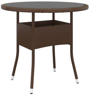 vidaXL Tuintafel Ø80x75 cm gehard glas en poly rattan bruin