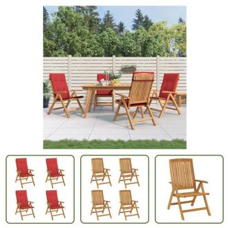 vidaXL Verstelbare Tuinstoel Massief Teakhout - Rood Kussen - 60x74.5x104 cm - 6 Posities Bruin