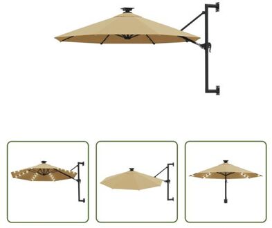 vidaXL Wandparasol - 300 x 131 cm - 100% polyester - Taupe - Met zwengelsysteem - 28 LED-lampjes