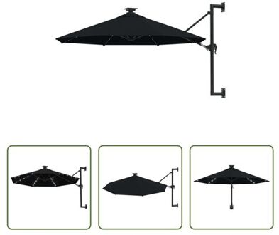 vidaXL Wandparasol - UV-beschermend - Polyester - 300 x 131 cm - Zwart - Met zwengelsysteem - 8 baleinen - 28