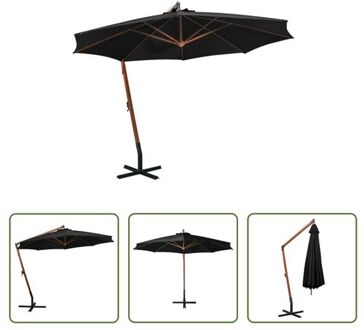 vidaXL Zweefparasol Hout - 350 cm - Zwart - UV-bestendig polyester - vurenhouten paal - bamboe baleinen