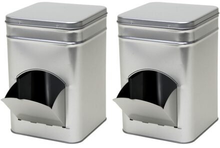 Vierkant opbergblik/bewaarblik met dispenser - 2x - zilver - 14 x 21 cm - Koffiecups/suikerklontjes
