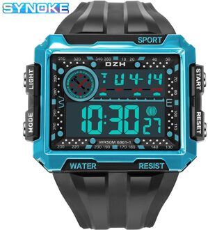 Vierkante Grote Screen Display Sport Elektronische Horloge Mannen Lichtgevende Waterdichte Multifunctionele Outdoor Sport Horloge 6861 zwart en blauw