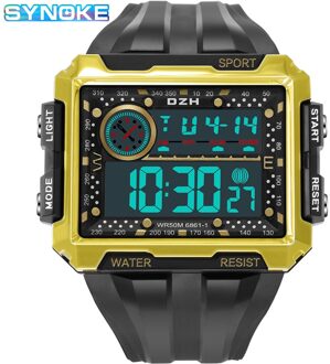 Vierkante Grote Screen Display Sport Elektronische Horloge Mannen Lichtgevende Waterdichte Multifunctionele Outdoor Sport Horloge 6861 zwart en gouden