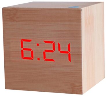 Vierkante Wekker Led Houten Horloge Tafel Voice Control Digitale Hout Despertador Usb/Aaa Aangedreven Elektronische Desktop Klokken Bamboo rood Figure