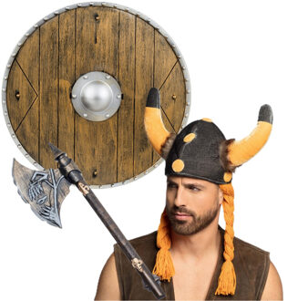 Viking verkleed set - heren - helm met hoorns - hakbijl - schild