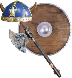 Viking verkleedkleding set - 3 delig - heren - helm met hoorns - Schild - Hakbijl van 68 cm