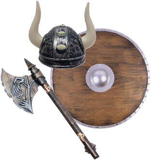 Viking verkleedkleding set - 3 delig - heren - helm met hoorns - Schild - Hakbijl van 68 cm