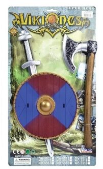 Viking zwaard met rood/blauw schild en bijl set