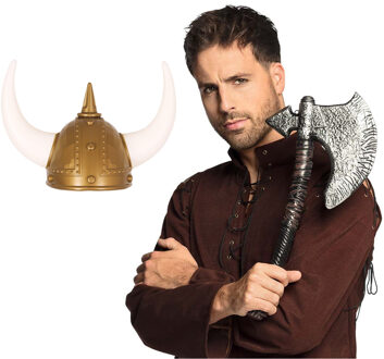 Vikingen/noormannen verkleed set - 2 delig - heren - helm met hoorns - Hakbijl 46 cm