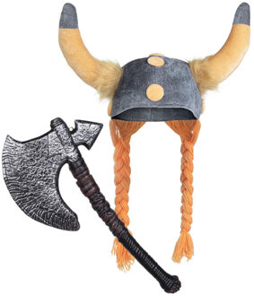 Vikingen/noormannen verkleed set - 2 delig - heren - helm met hoorns - Hakbijl 46 cm