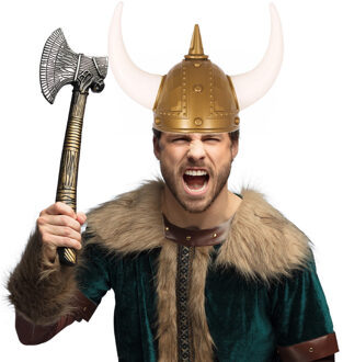 Vikingen/Noormannen verkleed set - 2 delig - heren - helm met hoorns - Hakbijl 49 cm