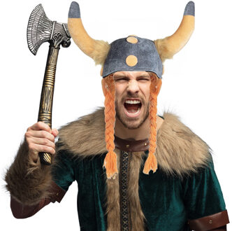 Vikingen/noormannen verkleed set - 2 delig - heren - helm met hoorns - Hakbijl 49 cm