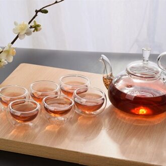 VILEAD 600 ml 8 stks/set Glas Theepot Set Met Base Met Cup Kong Fu Bloem Tea Cups Hoge Pot Set hittebestendig Glas Home Office dubbele laag Cup