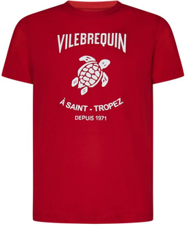 Vilebrequin Rode Geribbelde Crew Neck T-Shirt met Schildpad Logo Vilebrequin , Red , Heren - Xl,L,S