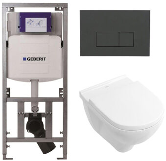 Villeroy & Boch O.novo Toiletset - Geberit inbouwreservoir - diepspoel wandcloset - softclose - bedieningsplaat bedieningsplaat antraciet mat - rechthoekige knoppen - wit 0701131/0124124/0124182/SW1102377
