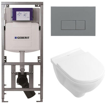 Villeroy & Boch O.novo Toiletset - Geberit inbouwreservoir - diepspoel wandcloset - softclose - bedieningsplaat bedieningsplaat licht grijs - rechthoekige knoppen - wit 0701131/0124124/0124182/SW1102375