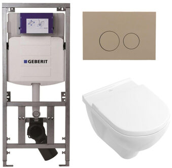 Villeroy & Boch O.novo toiletset met Geberit inbouwreservoir met diepspoel wandcloset wit soft close zitting en bedieningsplaat taupe met ronde knoppen wit 0701131/0124124/0124182/SW1102378/