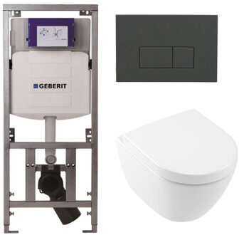 Villeroy & Boch Subway 2.0 compact DirectFlush Toiletset - Geberit reservoir - softclose - quickrelease - bedieningsplaat bedieningsplaat antraciet mat - rechthoekige knoppen - wit 0701131/1024232/SW1102377/1025456/