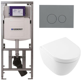 Villeroy & Boch Subway 2.0 Compact DirectFlush Toiletset - Geberit reservoir - softclose - quickrelease - bedieningsplaat licht grijs - ronde knoppen - wit 0701131/1024232/SW1102374/1025456/