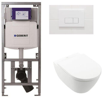 Villeroy & Boch Subway 2.0 wandcloset - 56cm - met Geberit UP320 inbouwreservoir - met Saniclass closetzitting - QeramiQ Push Bedieningsplaat - rechthoekige knoppen - wit glans GA26028/0701131/SW706187/SW1182666/SW729014 Wit alpin glans