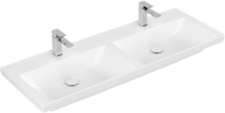 Villeroy & Boch Wastafel Villeroy & Boch Subway 3.0 Dubbele Wasbak Met CeramicPlus 2 Kraangaten Zonder Overloop 130x47x16.5 cm Stone White Wit