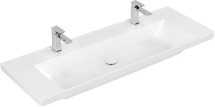 Villeroy & Boch Wastafel Villeroy & Boch Subway 3.0 Met CeramicPlus 2 Kraangaten Met Overloop 130x47x16.5 cm Stone White Wit