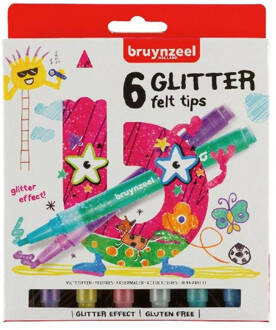 Viltstift Bruynzeel Kids glitter blister a 6 stuks assorti Zwart