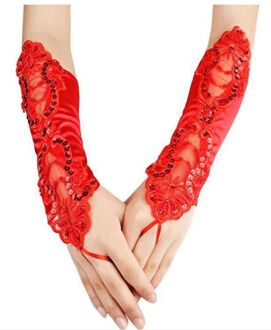 Vingerloze Brocade Genaaid Kralen Handschoenen Sparkles Kant Geborduurde Wedding Party Handschoenen Multicolor Rood