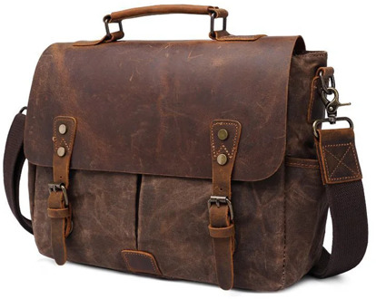 Vintage 15.6 Inch Laptop Handbag Men Shoulder Bag Canvas Add Genuine Leather Crossbody Messenger Bags Zipper Briefcase Men Bag