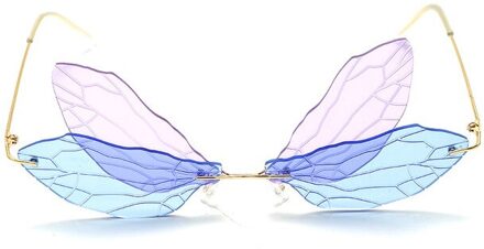 Vintage Dragonfly Vleugels Zonnebril Mode Randloze Vrouwen Hd Lens Eyewear Mannen Roze Zonnebril Uv400 Eyewear Vrouwelijke 3 paars blauw