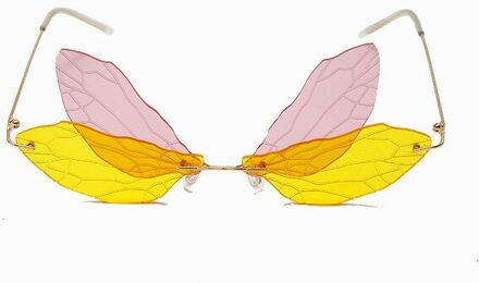 Vintage Dragonfly Vleugels Zonnebril Mode Randloze Vrouwen Hd Lens Eyewear Mannen Roze Zonnebril Uv400 Eyewear Vrouwelijke 4 roze geel