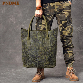 Vintage embossed design genuine leather men large-capacity tote bag high-quality crazy horse cowhide handbag luxury shoulder bag