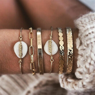 Vintage Gold Geometrische Ronde Ketting Witte Steen Shell Mode Armbanden Voor Vrouwen Boho Meerdere Lagen Armband Set Sieraden