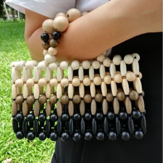 Vintage Houten Kralen Schouder Handtas Vrouwen Tas Zomer Strandtas Kleine Vierkante Tas zwart