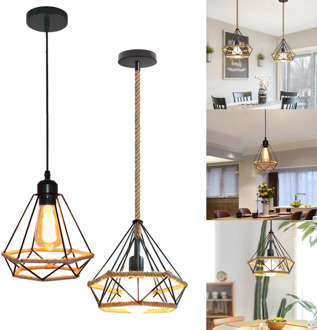 Vintage Industrial Pendant Light Black Iron Lamp Russia Loft Cage Diamond Shape Hemp Rope Light for Living Dining Room Bedroom